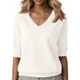 thumbnail image 1 of Women Short Sleeve Sweater Summer V Neck Dressy Casual Soft Knit Pullover Tops Trendy White M, 1 of 4