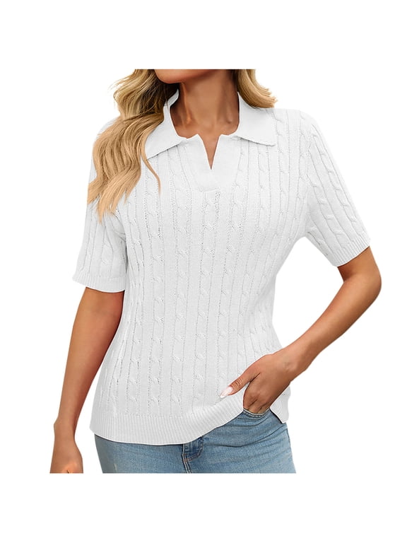 Women Short Sleeve Sweater Tops Summer V Neck Cable Knit Pullover Casual Lapel Shirts