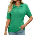 thumbnail image 1 of Women Short Sleeve Sweater Tops Summer V Neck Cable Knit Pullover Casual Lapel Shirts, 1 of 3