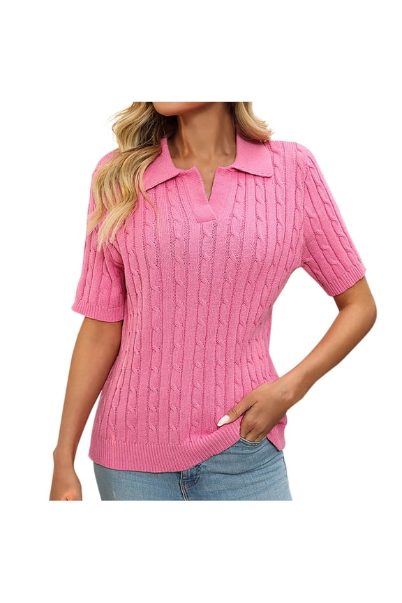 Women Short Sleeve Sweater Tops Summer V Neck Cable Knit Pullover Casual Lapel Shirts