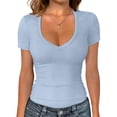 thumbnail image 1 of Women Short Sleeve T-Shirt Summer Casual V Neck Shirts Ribbed Knit Slim Fit Top, Light Blue M, 1 of 4