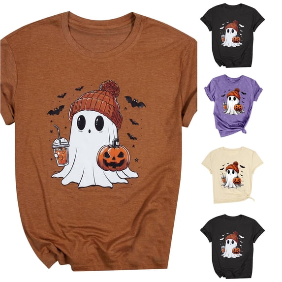 Women Short Sleeve T Shirts Casual Halloween Print Crew Neck Tee Tops