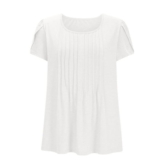 Women Short Sleeve T-Shirts Loose Tunic Shirt for Legging Pleated Round Neck Tops Blouses Fashion