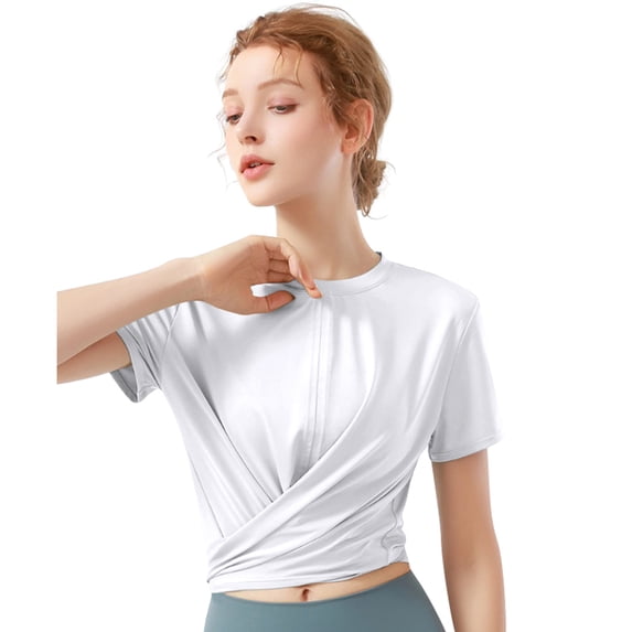 Women Short Sleeve T-shirts Round Neck Solid Color Casual Front Tie Crop Tops Blouse Sport T-shirt for Summer Office Vacation Sport