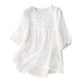 thumbnail image 1 of Women Short Sleeve Tees Cotton Linen Style V Neck Loose Embroidered Short Sleeve T Shirt Tops All Occasion Wear, 1 of 4