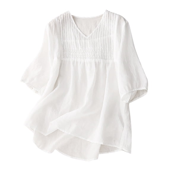 Women Short Sleeve Tees Cotton Linen Style V Neck Loose Embroidered Short Sleeve T Shirt Tops All Occasion Wear