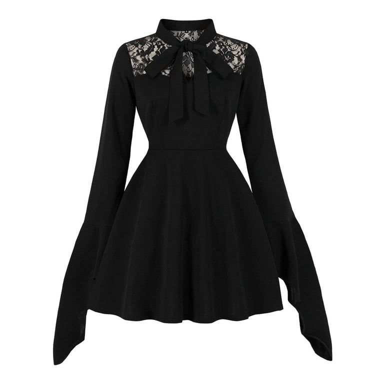 Women Short Sleeve Tie Neck Vintage Cocktail Party Dress Lace Button Down  Flared Sleeve A Line Casual Fashion Dress S-2XL - Walmart.com