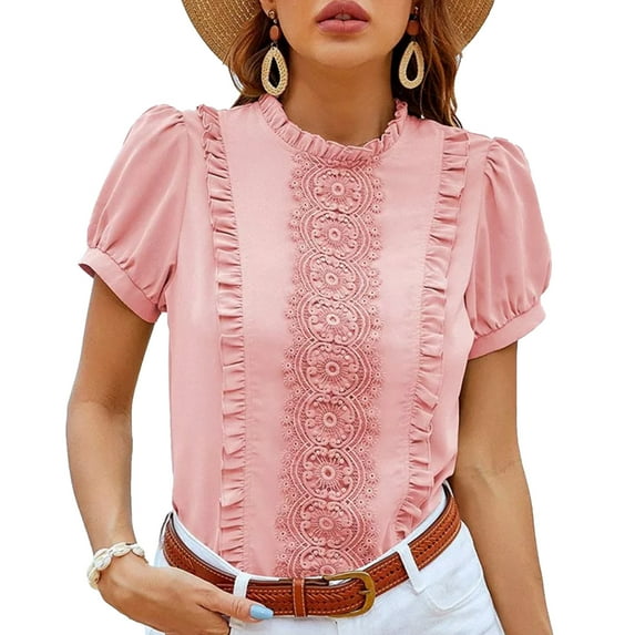 Women Short Sleeve Top Pleated Ruffle Front Frill Trim Neck Pure Color Stylish Women Shirt Top for Daily Party Dating Pink XL