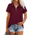 thumbnail image 1 of Women Short Sleeve Top Ribbed Texture Half Zip Turn Down Collar Pure Color Summer Shirt Burgundy XL, 1 of 2