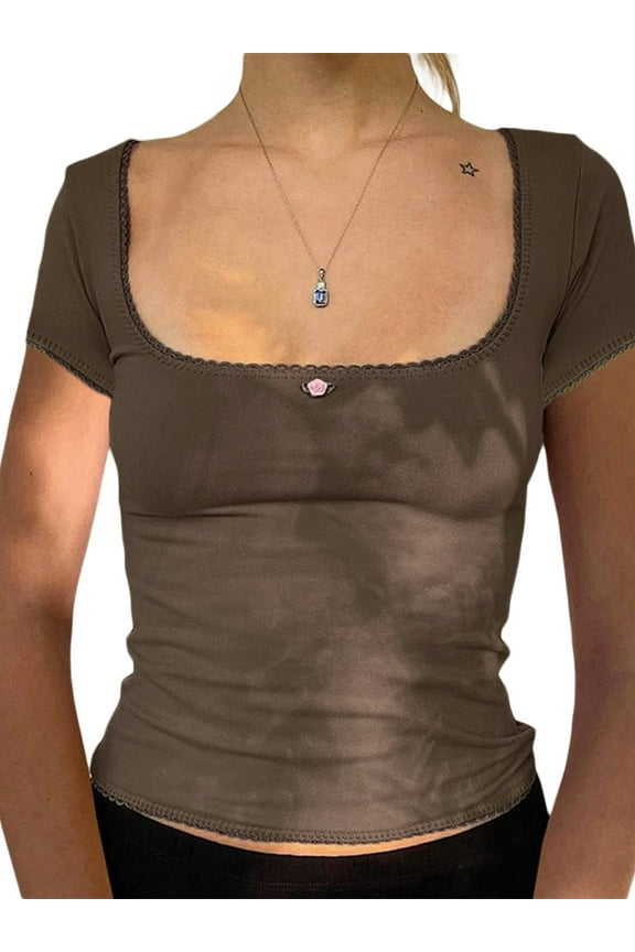 Women Short Sleeve Top Square Neck Graphic Print Slim Fit Aesthetic T Shirt Fairy Grunge E Girl Tops Streetwear