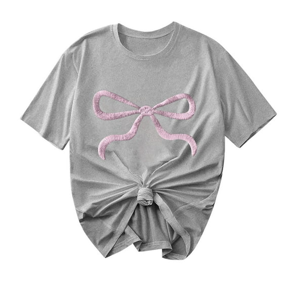 Women Short Sleeve Tops Bow Pullover Shirts Round Neck Pulliver Blouses Summer Tshirts Fashion 2025