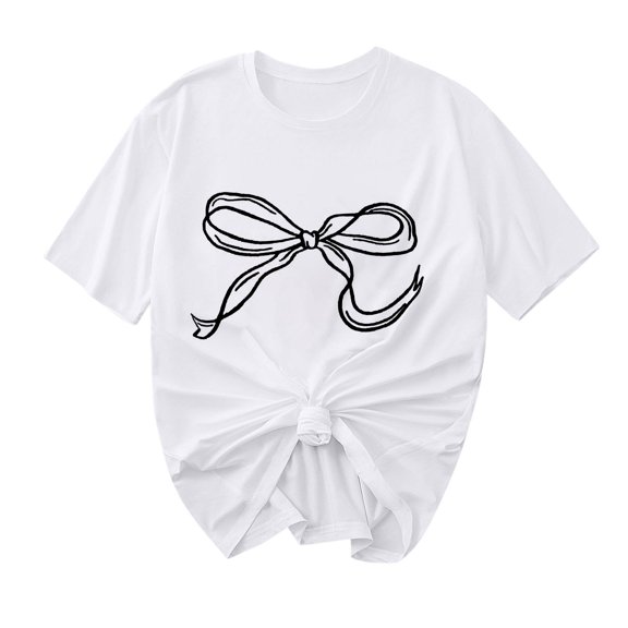 Women Short Sleeve Tops Bow Pullover Shirts Round Neck Pulliver Blouses Summer Tshirts Fashion 2025