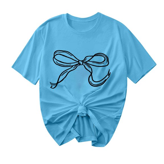 Women Short Sleeve Tops Bow Pullover Shirts Round Neck Pulliver Blouses Summer Tshirts Fashion 2025