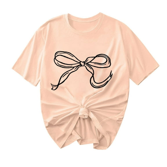 Women Short Sleeve Tops Bow Pullover Shirts Round Neck Pulliver Blouses Summer Tshirts Fashion 2025