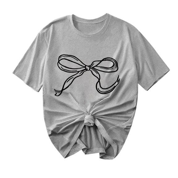 Women Short Sleeve Tops Bow Pullover Shirts Round Neck Pulliver Blouses Summer Tshirts Fashion 2025