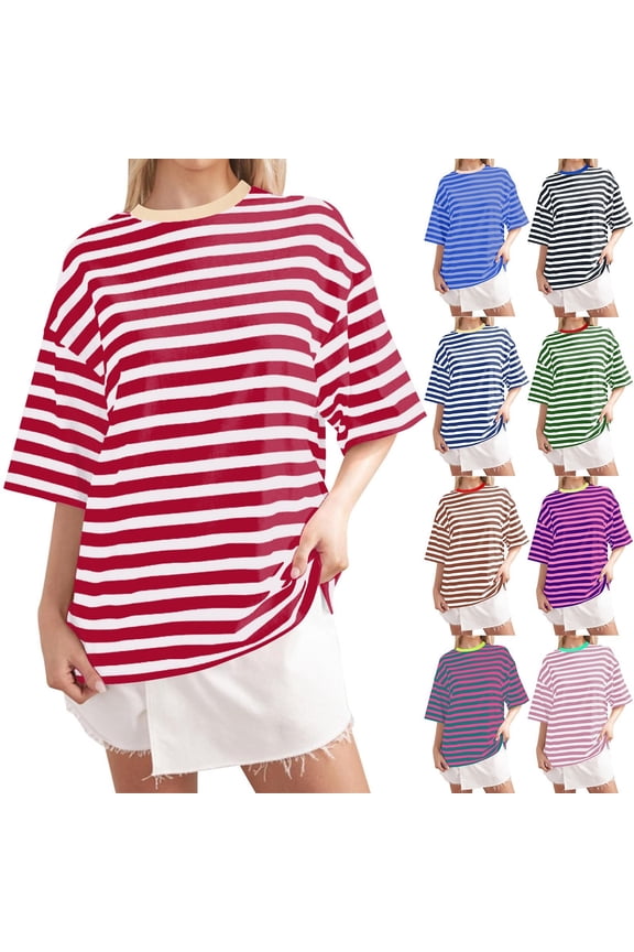 Women Short Sleeve Tops Dressy Casual Striped Round Neck T Shirt For Spring Minimalist Striped Tee Tee Tops