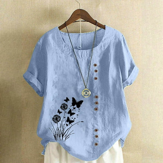 Women Short Sleeve Tops Dressy Casual T Shirts for Women Cotton Pack Floral Blouses for Women Short Sleeve Round Neck Tops