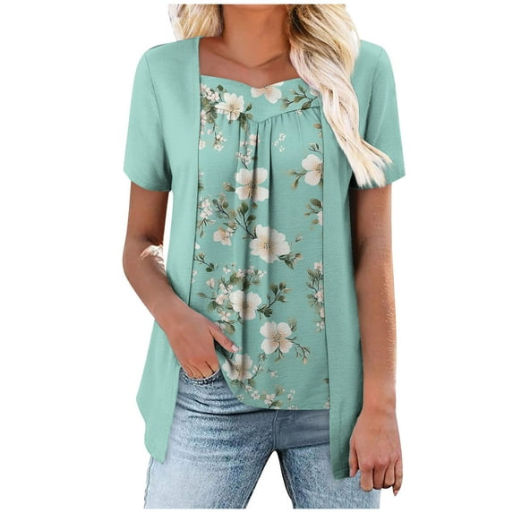 Women Short Sleeve Tops Fake Two Piece Loose Pleated Layered Blouse Shirt Hide Belly Tunic Tops B-Mint Green
