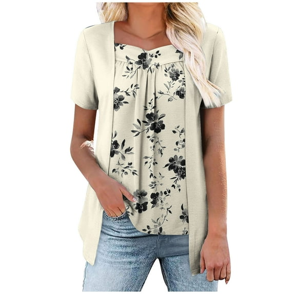 Women Short Sleeve Tops Fake Two Piece Loose Pleated Layered Blouse Shirt Hide Belly Tunic Tops C-Mint Green