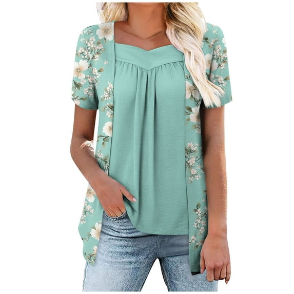 ZQUUVOU Women Short Sleeve Tops Fake Two Piece Loose Pleated Layered Blouse Shirt Hide Belly Tunic Tops E-Mint Green