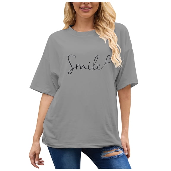 Women Short Sleeve Tops Funny Love Graphic Print Round Neck Pullover T-Shirts Trendy Casual Loose Fit Workout Tee Blouses