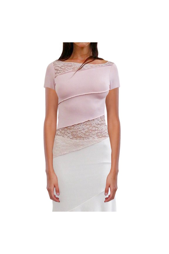 Women Short Sleeve Tops Lace Patchwork Asymmetrical Summer T-Shirt Casual Pullovers for Streetwear Aesthetic Clothes