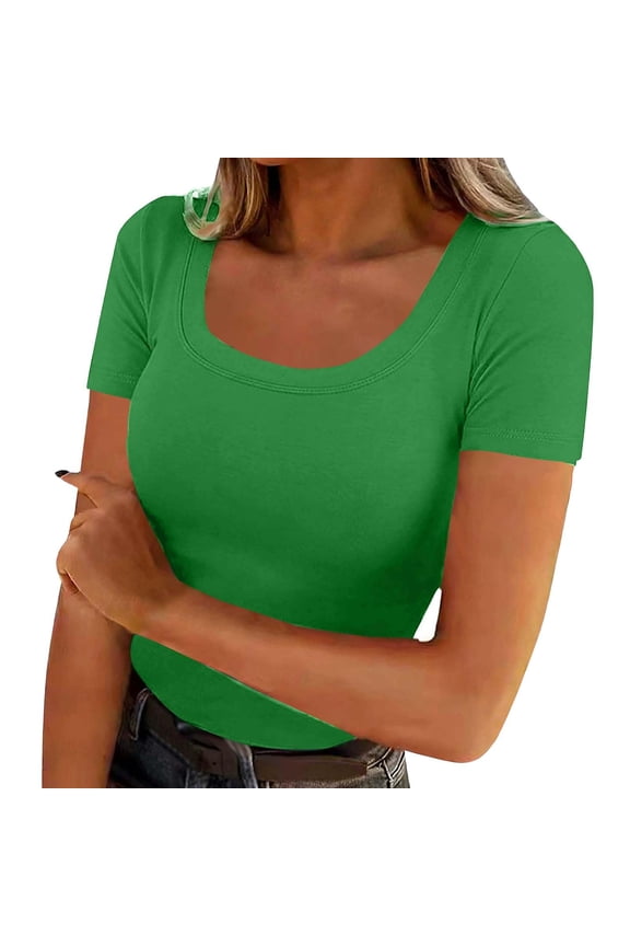 Women Short Sleeve Tops Scoop Neck Ribbed Knit Slim Fit Stretchy Basic Tee Shirts Casual Summer 2026 Spring Going Out Outfits