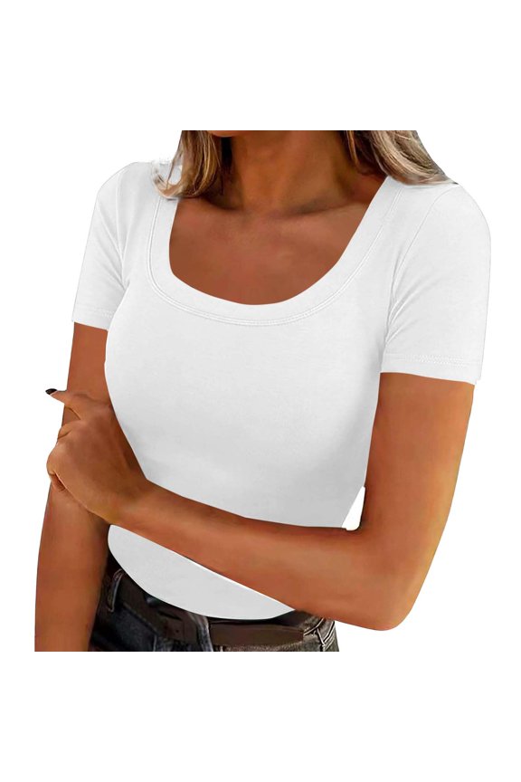 Women Short Sleeve Tops Scoop Neck Ribbed Knit Slim Fit Stretchy Basic Tee Shirts Casual Summer 2026 Spring Going Out Outfits