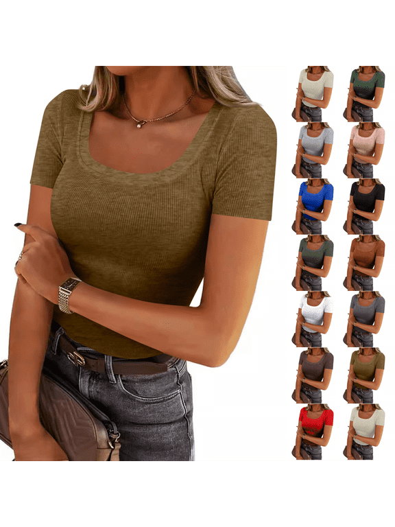 Women Short Sleeve Tops Scoop Neck Ribbed Knit Slim Fitted Basic Tee Shirt Casual Summer Clothes 2026 Spring Tops Camel XL
