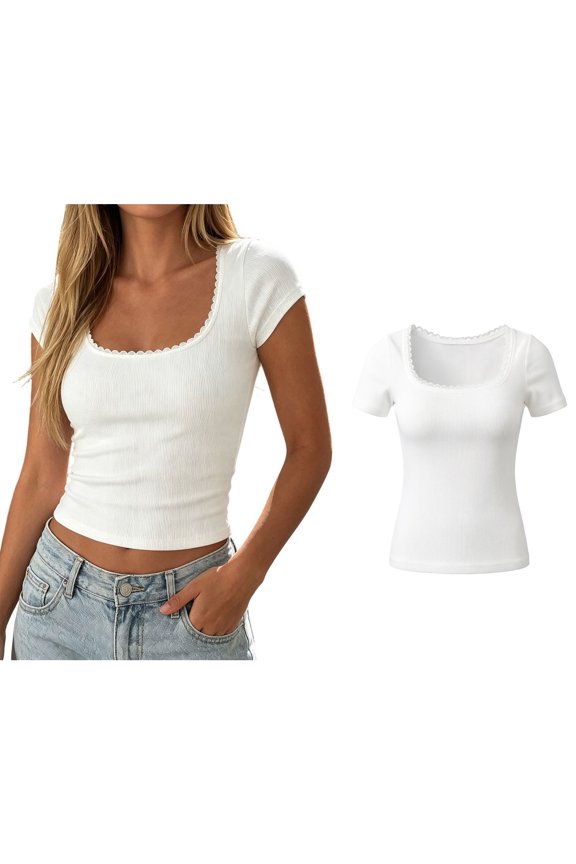 Women Short Sleeve Tops Squard Neck Slim Fitted Basic Tee Shirt Casual Summer Clothes Spring Outfits Comfort Tshirt