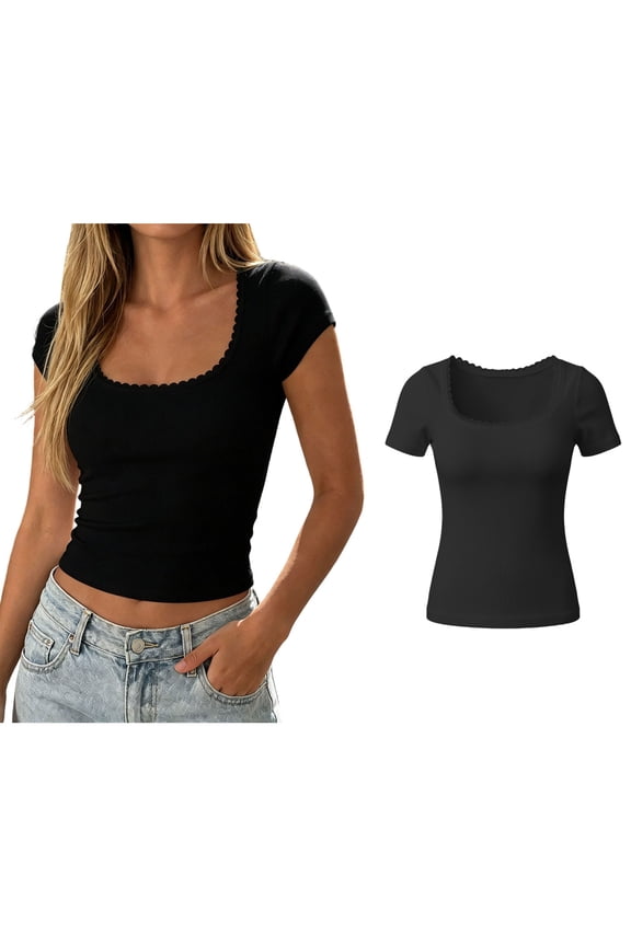 Women Short Sleeve Tops Squard Neck Slim Fitted Basic Tee Shirt Casual Summer Clothes Spring Outfits Comfort Tshirt