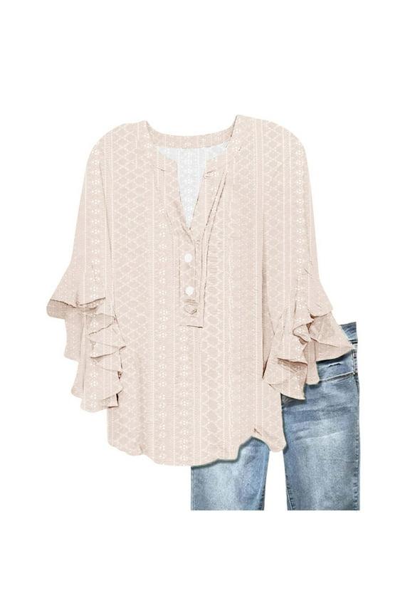 Women Short Sleeve Tunic Blouse Spring Fashion Clothing Bell Casual Clothes Comfortable Womens Tops Beige