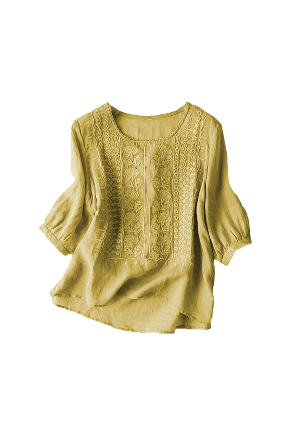 Women Short Sleeve Tunic Blouse Spring Fashion Clothing Blouson Pullover Clothes Cozy Womens Tops Yellow