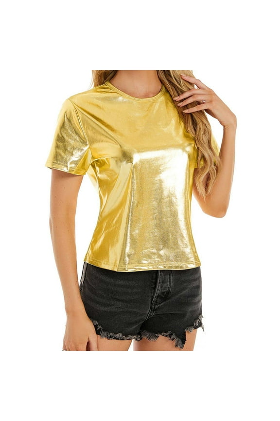 Women Short Sleeve Tunic Blouse Spring Fashion Clothing Crewneck Pullover Clothes Soft Womens Tops Gold