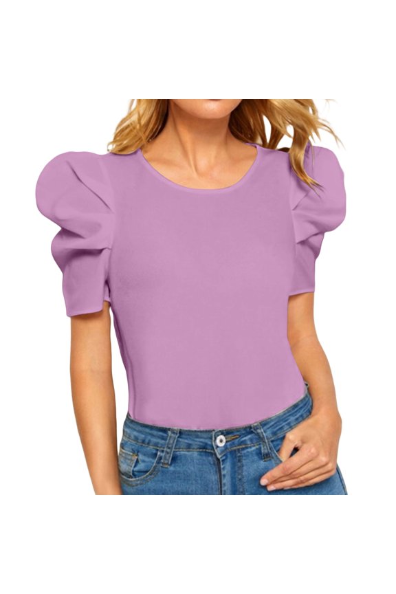 Women Short Sleeve Tunic Blouse Spring Fashion Clothing Juliet Pullover Clothes Cozy Womens Tops Purple