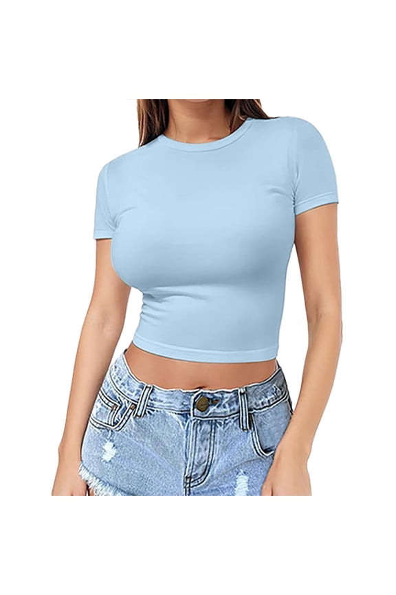 Women Short Sleeve Tunic Blouse Springs Fashion Clothing Pullover T Shirts Trendy Womens Tops Blue1