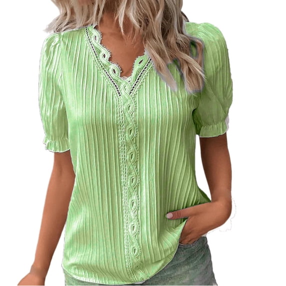 Women Short Sleeve Tunic Blouse Springs Fashion Clothing V Neck Pullover T Shirts Comfortable Womens Tops Green