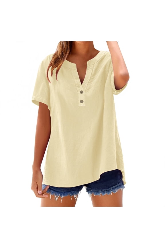 Women Short Sleeve Tunic Blouse Summer Fitness Clothing V Neck Pullover Clothes Trendy Womens Tops Beige