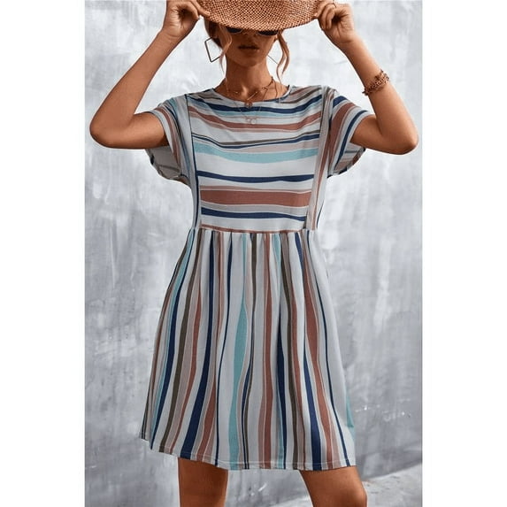 Women Short Sleeve Tunic Dress Casual Striped Crew Neck Dresses Summer Beach Holiday Sundress