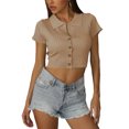 thumbnail image 1 of Women Short Sleeve Turn Down Collar T Shirt Slim Fit Pure Color Button Up Rib Knit Short Top for Dating Apricot XL, 1 of 8