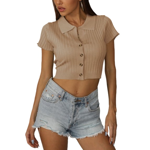 Women Short Sleeve Turn Down Collar T Shirt Slim Fit Pure Color Button Up Rib Knit Short Top for Dating Apricot XL