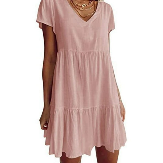 Women Short Sleeve V-Neck A-Line Ruffle Hem Swing Tunic Mini Dress Solid Color
