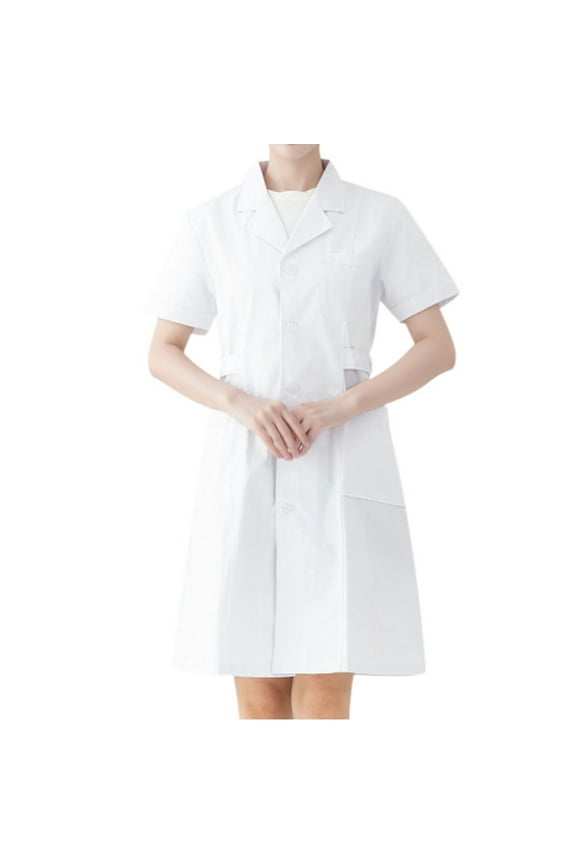 Women Short Sleeve V Neck Button Down Long Dress Coat White Jacket With Pocket