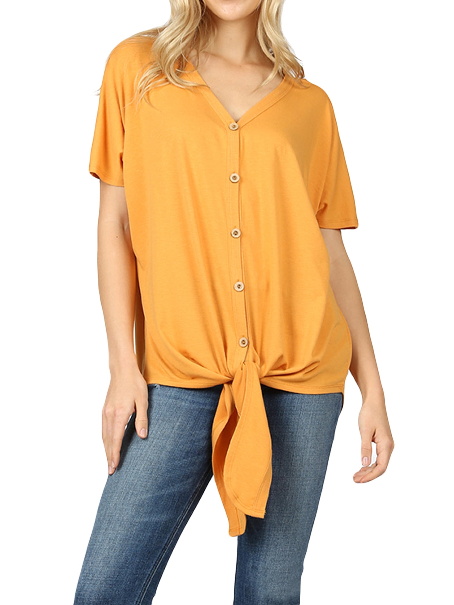 Women Short Sleeve V Neck Button Down T Shirts Tie Front Knot Loose ...