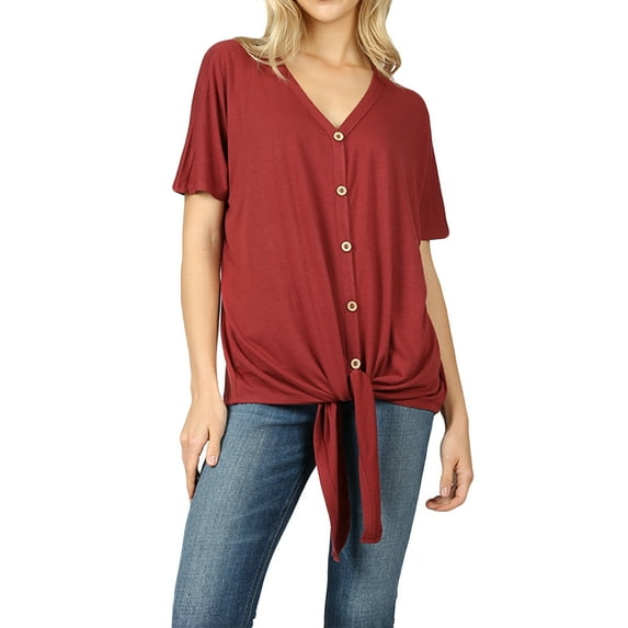 Women Short Sleeve V Neck Button Down T Shirts Tie Front Knot Loose Blouse Casual Tops