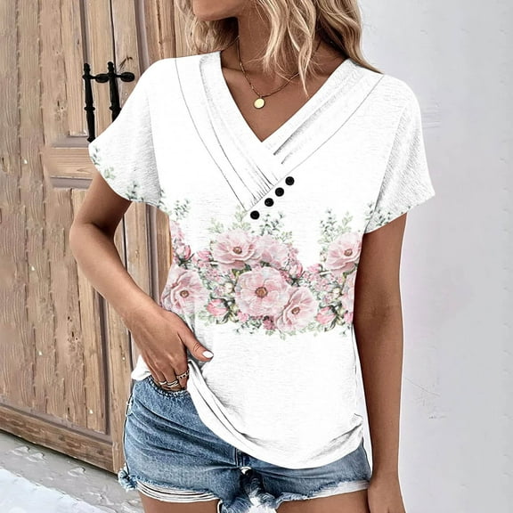Women Short Sleeve V Neck Decoration Button Loose Fit Floral Printed T Shirts Top Blouses Casual Summer Shirts Medium Shirt Womens Tee Shirt Loose Long Sleeves Shirt Women Long Sleeve Summer Shirt