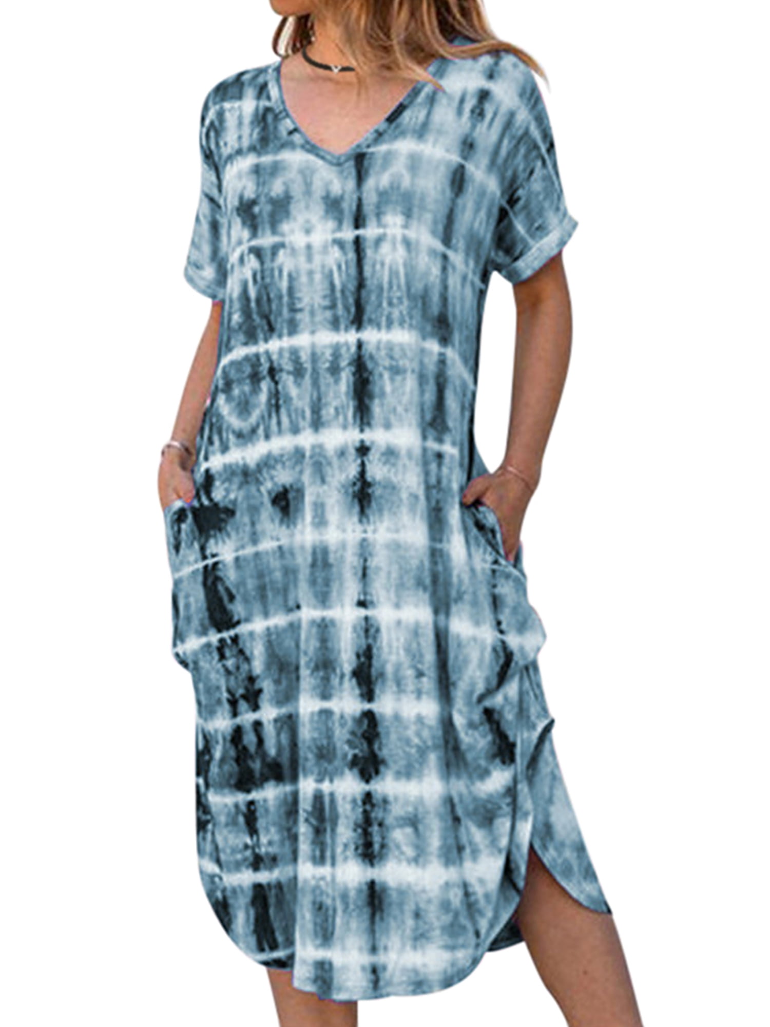 LRISES Women's Tie Dye Maxi Dress – Casual V-Neck Summer Dress With Side Slits & Pockets - View #9