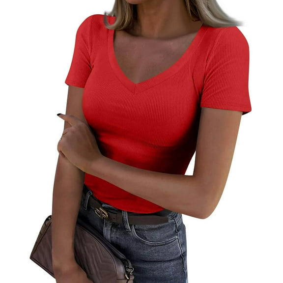 Women Short Sleeve V Neck Ribbed Knit Fitted Shirts Basic Tees Tops 2026 Summer Casual T-Shirts Going Out Outfits Red 2XL