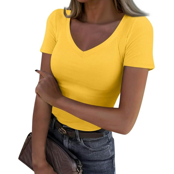 Women Short Sleeve V Neck Ribbed Knit Fitted Shirts Basic Tees Tops 2026 Summer Casual T-Shirts Going Out Outfits Yellow 2XL