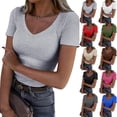 thumbnail image 1 of Women Short Sleeve V Neck Ribbed Knit Fitted Shirts, Basic Tees Tops 2026 Summer Casual T-Shirts Going Out Outfits, Summer Casual T-Shirts Going Out Outfits Red S, 1 of 7
